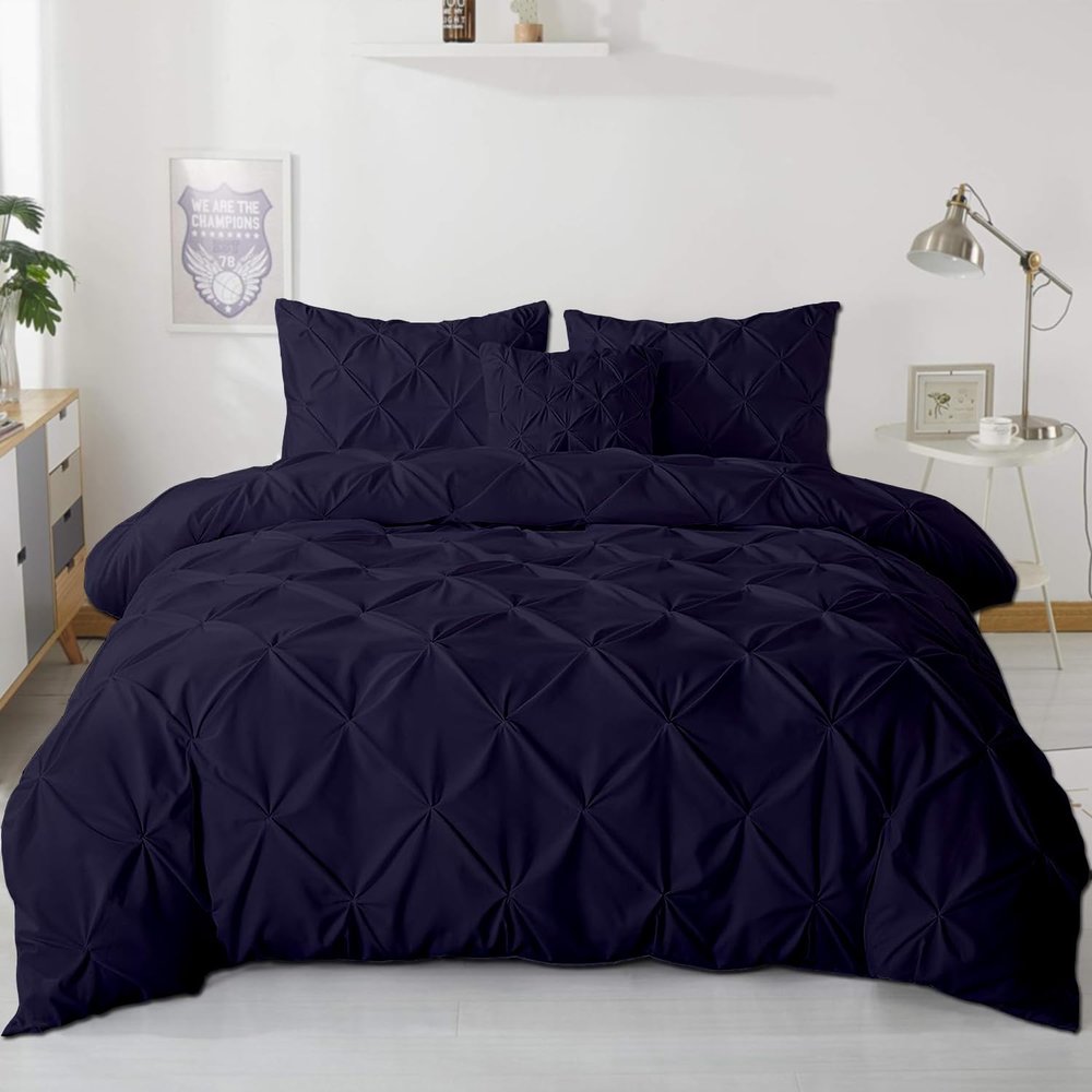 eBeddy Linens Pinch Pleated Pintuck Duvet Cover Set Alaskan King 132x120 Inch 100% Microfiber Soft and Breathable 3 Pieces Premium Comforter Cover Zipper Closure & Corner Ties Navy Blue