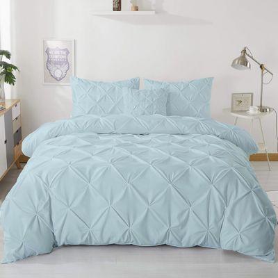 eBeddy Linens Pinch Pleated Pintuck Duvet Cover Set Alaskan King 132x120 Inch 100% Microfiber Soft and Breathable 3 Pieces Premium Comforter Cover Zipper Closure & Corner Ties Aqua Blue