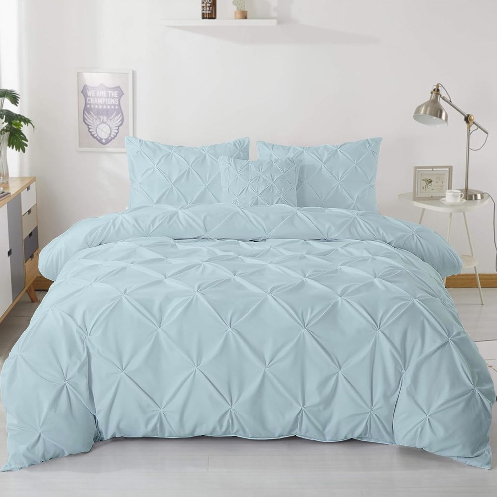 eBeddy Linens Pinch Pleated Pintuck Duvet Cover Set Alaskan King 132x120 Inch 100% Microfiber Soft and Breathable 3 Pieces Premium Comforter Cover Zipper Closure & Corner Ties Aqua Blue