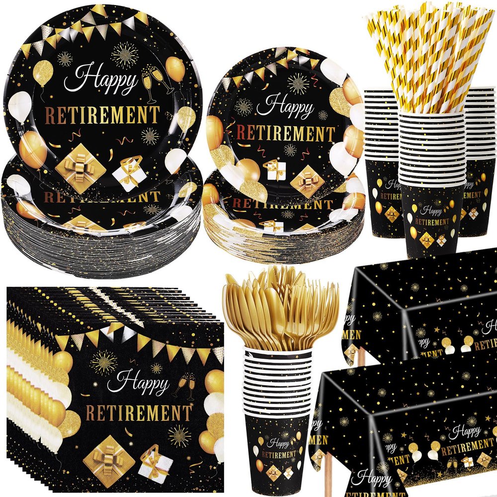 Funnymoom 452 Pcs Happy Retirement Party Decorations Men for 50 Guests, Black Gold Retirement Paper Plates and Napkins Cups Tablecloth Cutlery Straws Disposable Tableware Party Supplies for Men Women