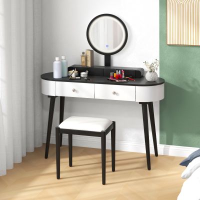 GOFLAME Makeup Vanity Desk Set, Dressing Table Set with LED Lighted Mirror, 3 Adjustable Lighting Modes and Touch Switch, Solid Wood Vanity Table and Cushioned Stool with 4 Drawers, White+Black