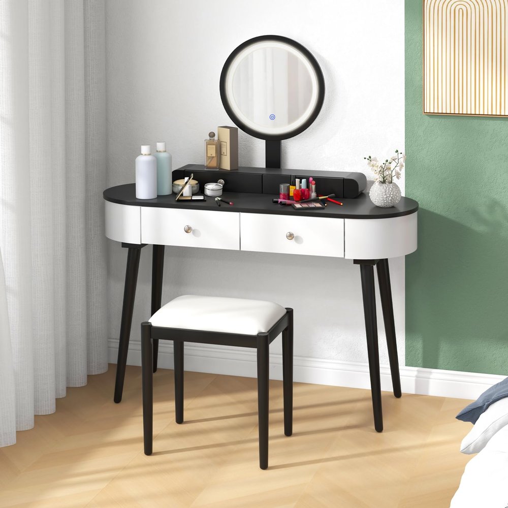 GOFLAME Makeup Vanity Desk Set, Dressing Table Set with LED Lighted Mirror, 3 Adjustable Lighting Modes and Touch Switch, Solid Wood Vanity Table and Cushioned Stool with 4 Drawers, White+Black