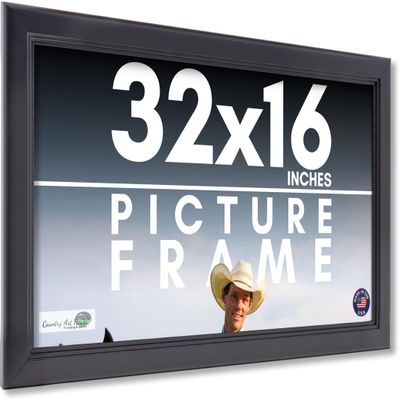 CountryArtHouse 32x16 Frame Black Picture Frame - Includes UV Acrylic Shatter Guard Front, Acid Free Foam Backing Board, Hanging Hardware Wood Wall Frames for Family Photos - no Mat