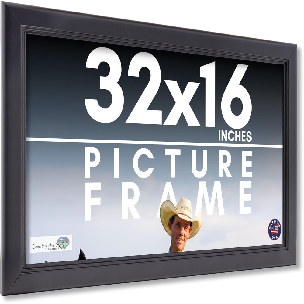 CountryArtHouse 32x16 Frame Black Picture Frame - Includes UV Acrylic Shatter Guard Front, Acid Free Foam Backing Board, Hanging Hardware Wood Wall Frames for Family Photos - no Mat