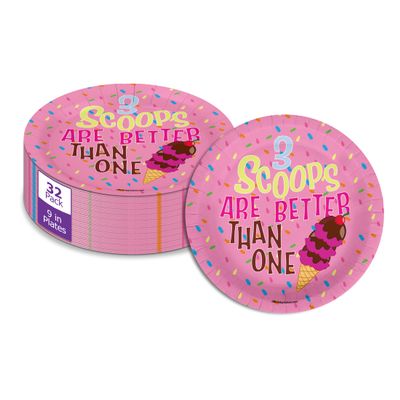 3 Scoops Ice Cream Third Birthday - 32 Piece Disposable Party Supplies - Decorations for Girl's 3rd Birthday Round Party Plates - Large 9" Paper Plates In Bulk