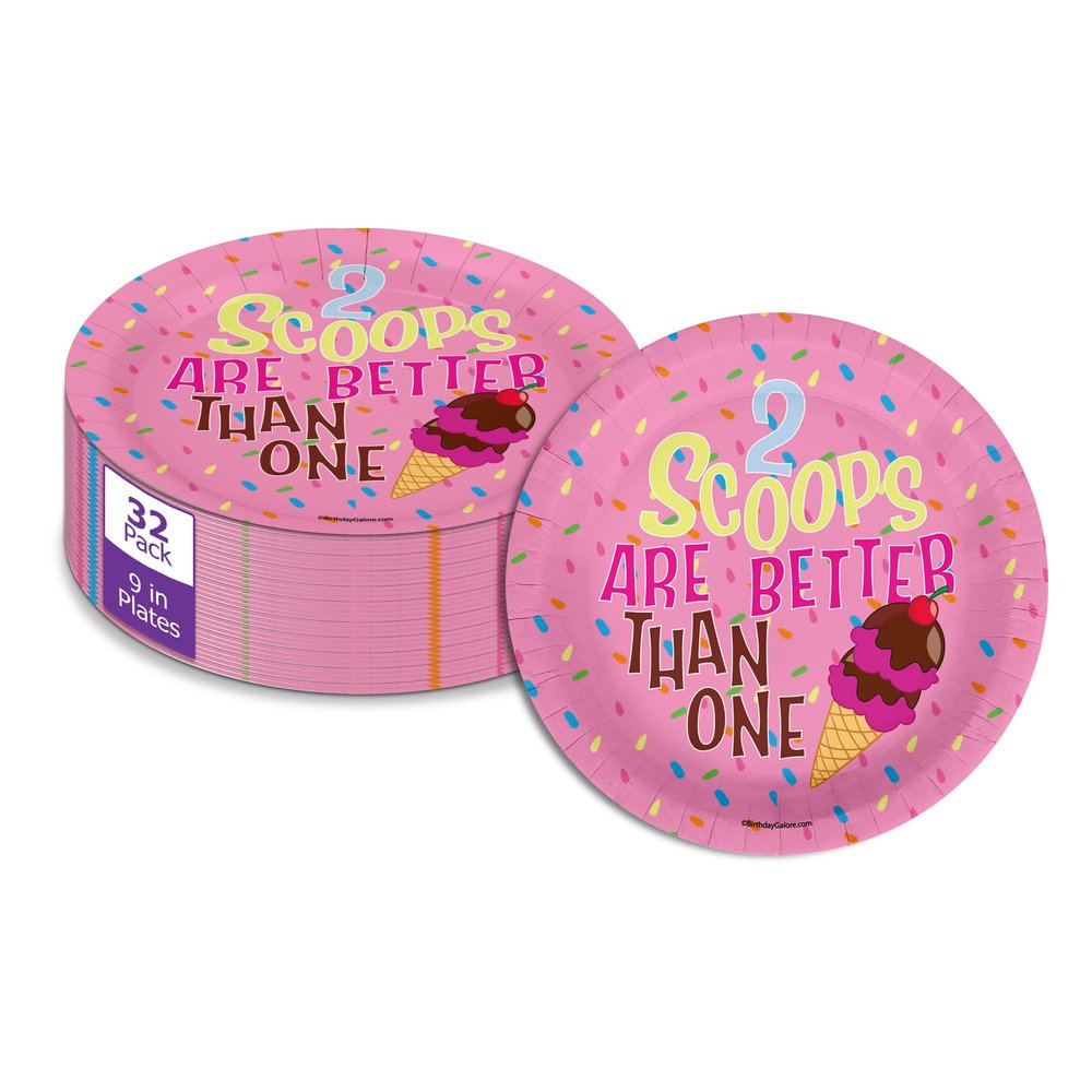 2 Scoops Ice Cream Second Birthday - 32 Piece Disposable Party Supplies - Decorations for Girl's 2nd Birthday Round Party Plates - Large 9" Paper Plates In Bulk