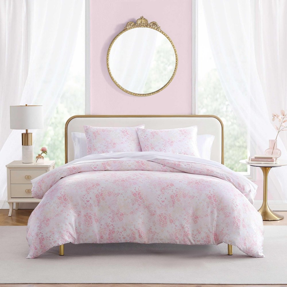 Betsey Johnson - Twin Duvet Cover Set, Silky Smooth Bedding with Shiny Satin Weave & Internal Corner Ties, 2 Piece Bed Set with Matching Pillowcase (Butterfly Garden Pink)