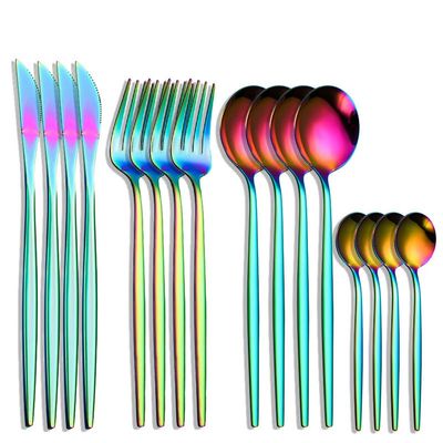 ONUIFIKE Silverware Set, 16 Piece Stainless Steel Cutlery Set, Steak Knife, Fork, Spoon, Small Spoon, Knife And Fork Complete Set, Cutlery Flatware Set (Color : Rainbow, Size : 16Pcs)