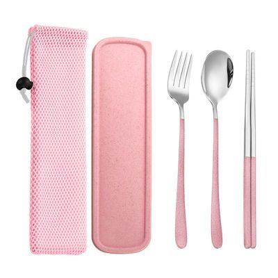 HIDEERPPY Silverware Set, 3/12/18/24 Pieces Portable Tableware 304 Stainless Steel Spoon Chopsticks Cutlery Box Travel Chopsticks Spoon Set Creative Gift, Flatware Set (Color : Pink, Size : 1Set-3P