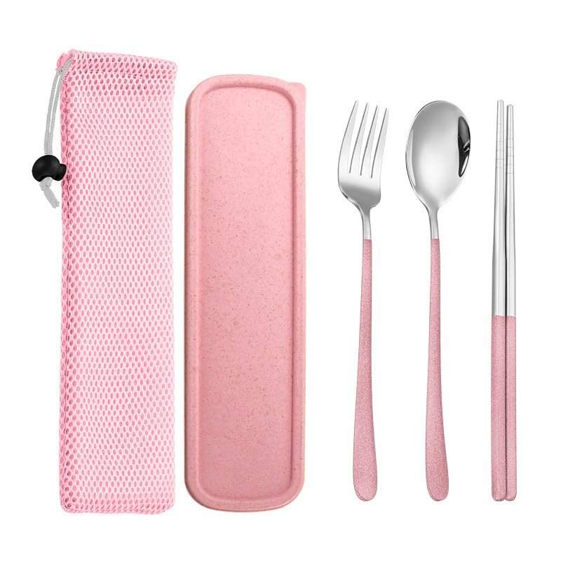 HIDEERPPY Silverware Set, 3/12/18/24 Pieces Portable Tableware 304 Stainless Steel Spoon Chopsticks Cutlery Box Travel Chopsticks Spoon Set Creative Gift, Flatware Set (Color : Pink, Size : 1Set-3P
