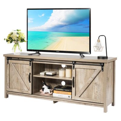 CASART Wooden TV Cabinet, 3 Tier TV Console Table with Sliding Barn Doors and Shelves, Rustic Media Entertainment Center for Living Room Bedroom Office (Grey Wash), 147 x 40 x 60cm, CAHW61826