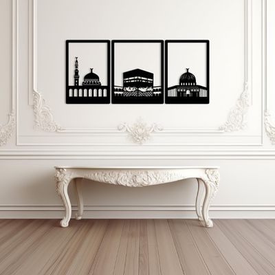 Masjid An-Nabawi, Masjid Al Haram and Masjid Al Aksa Set of 3 Islamic Metal Wall Art, Metal Kaaba Wall Decor, Ramadan Decorations, Muslim Home Art Gift, Arabic Wall Art, Hajj Art, Housewarming Gift (Gold, 23.6 x 53" / 60 x 134 cm (includes spaces))