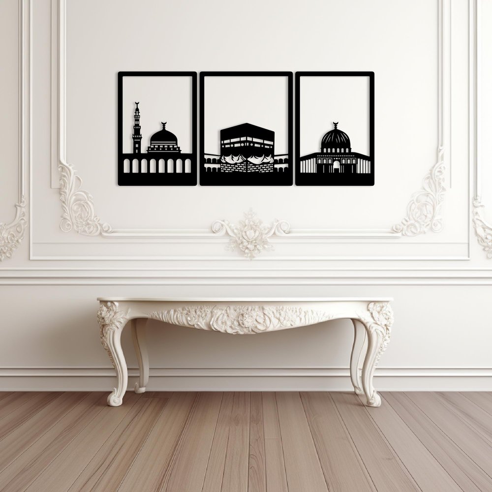 Masjid An-Nabawi, Masjid Al Haram and Masjid Al Aksa Set of 3 Islamic Metal Wall Art, Metal Kaaba Wall Decor, Ramadan Decorations, Muslim Home Art Gift, Arabic Wall Art, Hajj Art, Housewarming Gift (Gold, 23.6 x 53" / 60 x 134 cm (includes spaces))
