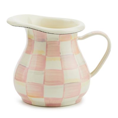 MACKENZIE-CHILDS Enamel Creamer, Creamer Dispenser with Pour Spout, Kitchen Enamelware, Pink-and-White Rosy Check