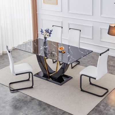 gopop 5 Piece Glass Dining Table Set, Modern Kitchen Table and Chairs for 4, PU Leather Dining Room Table Sets for Home, Kitchen, Dining Room.