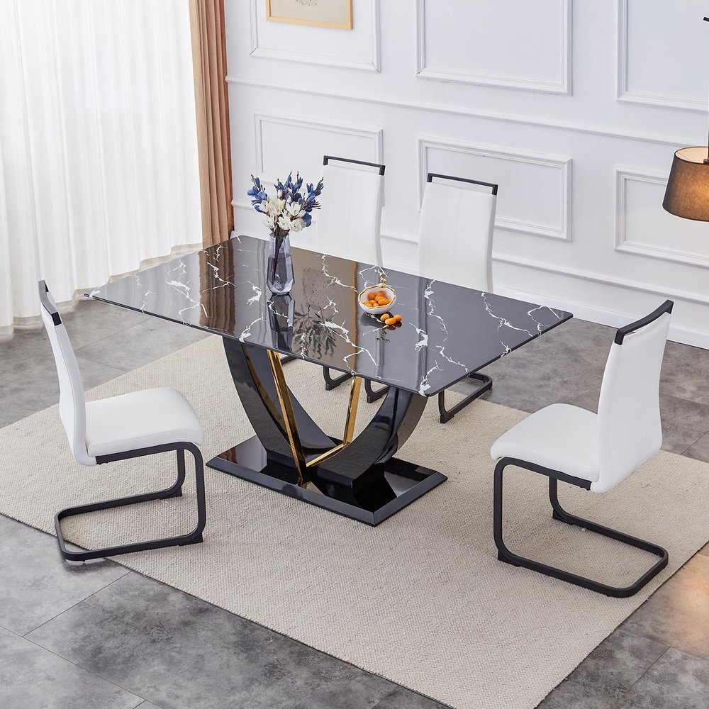 gopop 5 Piece Glass Dining Table Set, Modern Kitchen Table and Chairs for 4, PU Leather Dining Room Table Sets for Home, Kitchen, Dining Room.