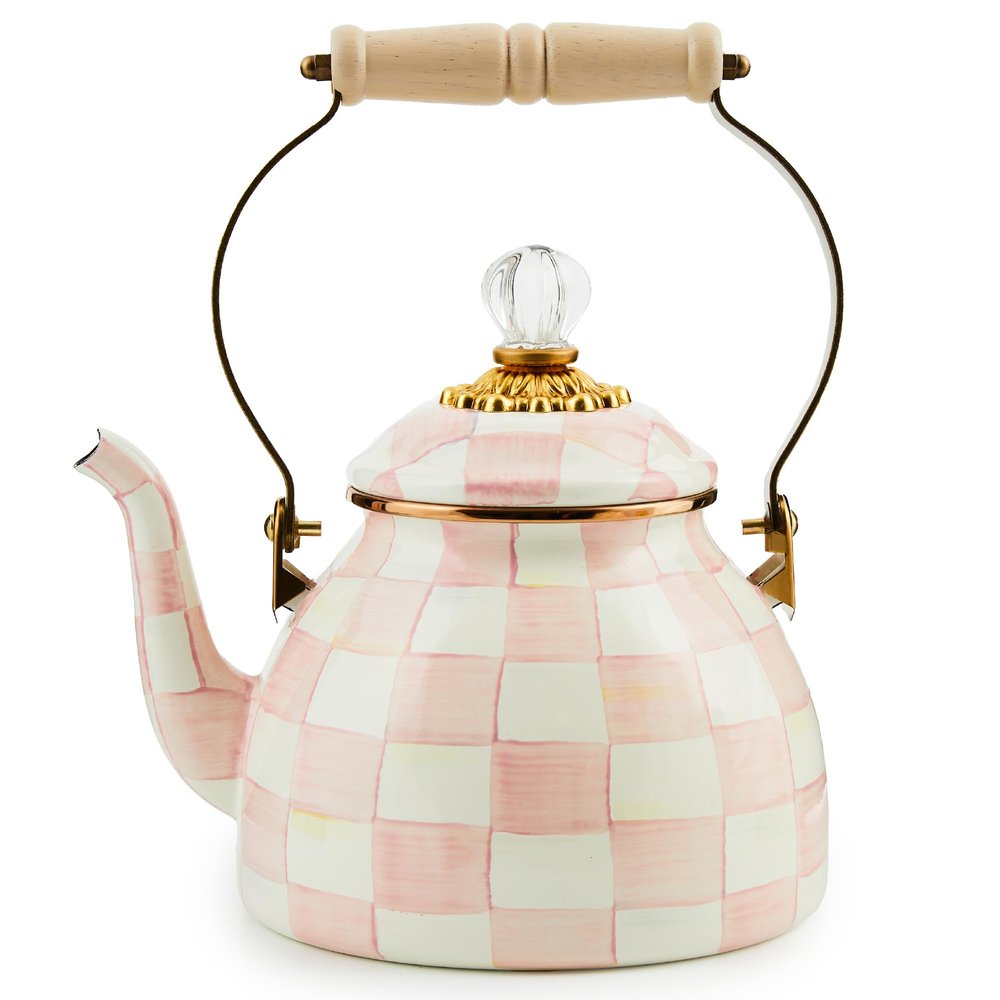 MACKENZIE-CHILDS Enamel Tea Kettle, Stylish Tea Kettle for Stovetop, Pink-and-White Rosy Check, 2 Quarts