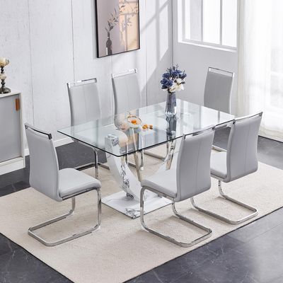gopop 7 Piece Glass Dining Table Set, Modern Kitchen Table and Chairs for 6, PU Leather Dining Room Table Sets for Home, Kitchen, Dining Room.