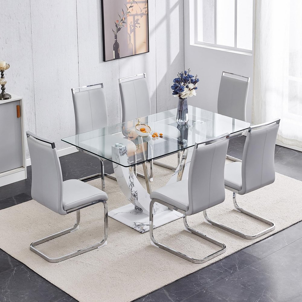 gopop 7 Piece Glass Dining Table Set, Modern Kitchen Table and Chairs for 6, PU Leather Dining Room Table Sets for Home, Kitchen, Dining Room.
