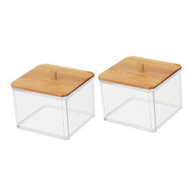 2 Pack Cotton Swab Holder with Bamboo Lid, Cosmetic Storage Dispenser