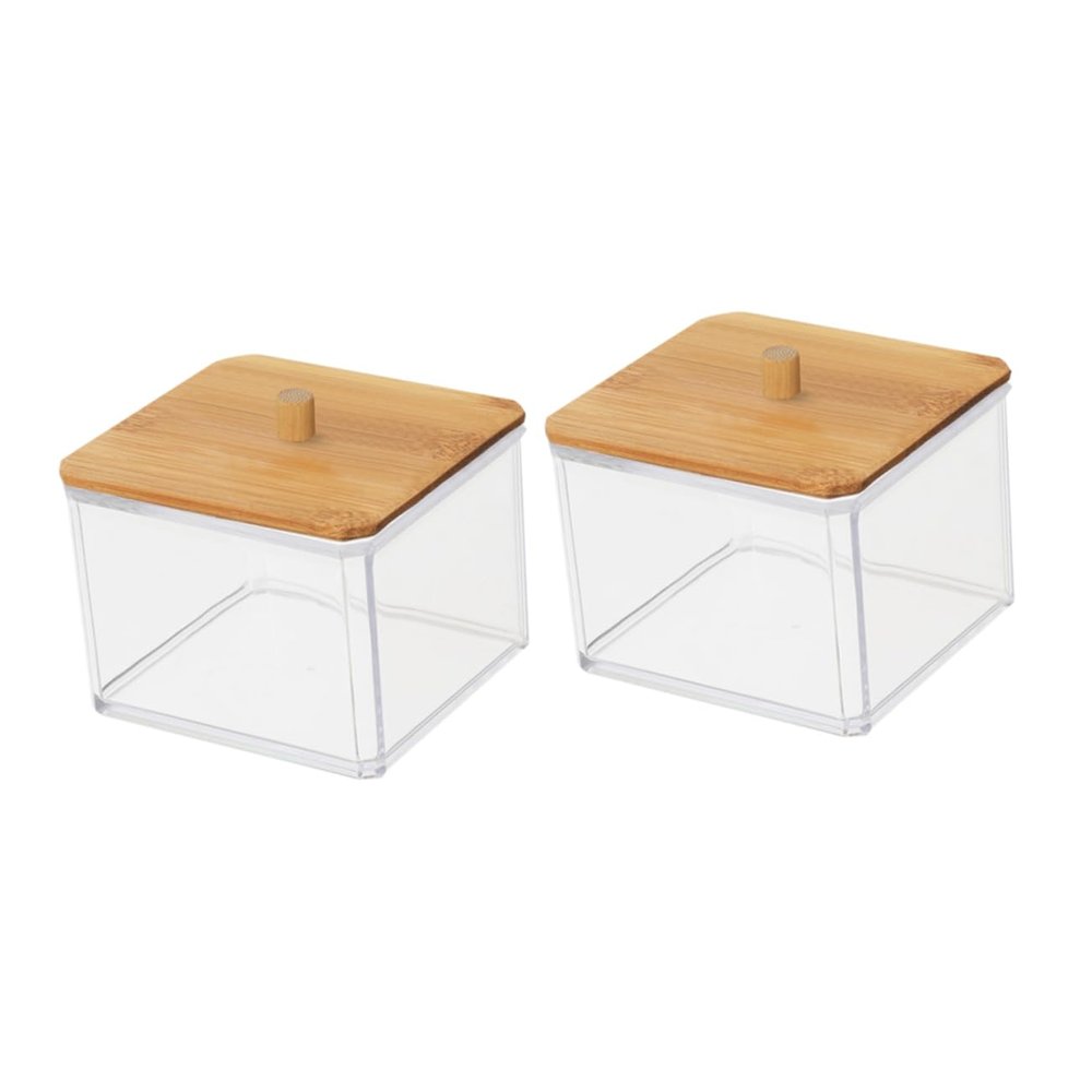2 Pack Cotton Swab Holder with Bamboo Lid, Cosmetic Storage Dispenser