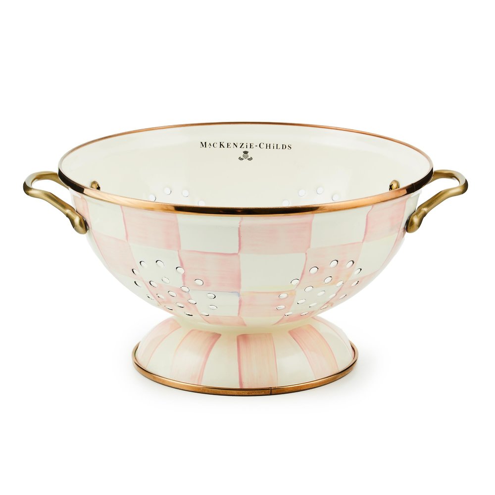 MACKENZIE-CHILDS Enamel Colander, Decorative Kitchen Strainer, Large, Pink-and-White Rosy Check