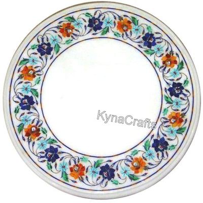24 x 24 Inches Unique Pattern Inlay Work Coffee Table Top Round Shape White Marble Patio Center Table for Restaurant and Hotel Decor