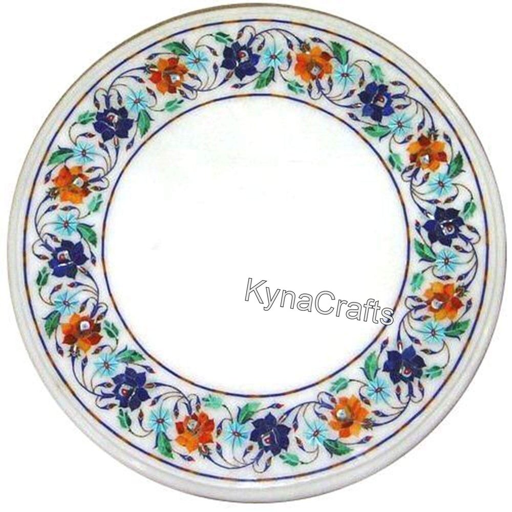 24 x 24 Inches Unique Pattern Inlay Work Coffee Table Top Round Shape White Marble Patio Center Table for Restaurant and Hotel Decor