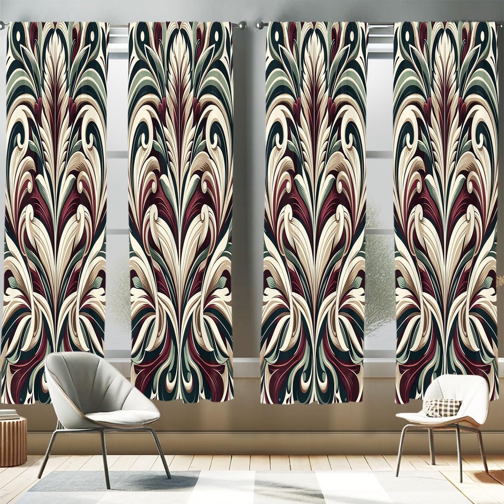 Ambesonne Leafy Art Window Curtains Pack of 2, Pastel Tones Illustrated Curlicue Leaves with Victorian Inspirations, Lightweight Set with Rod Pocket, 4 Panels of - 28" x 63", Green Maroon Eggshell