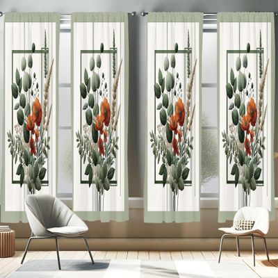 Ambesonne Botanical Window Curtains Pack of 2, Romantic and Bohemian Bouquet with Leaves Poppy Flowers on Squares, Lightweight Set with Rod Pocket, 4 Panels of - 28" x 84", Burnt Orange Laurel Green