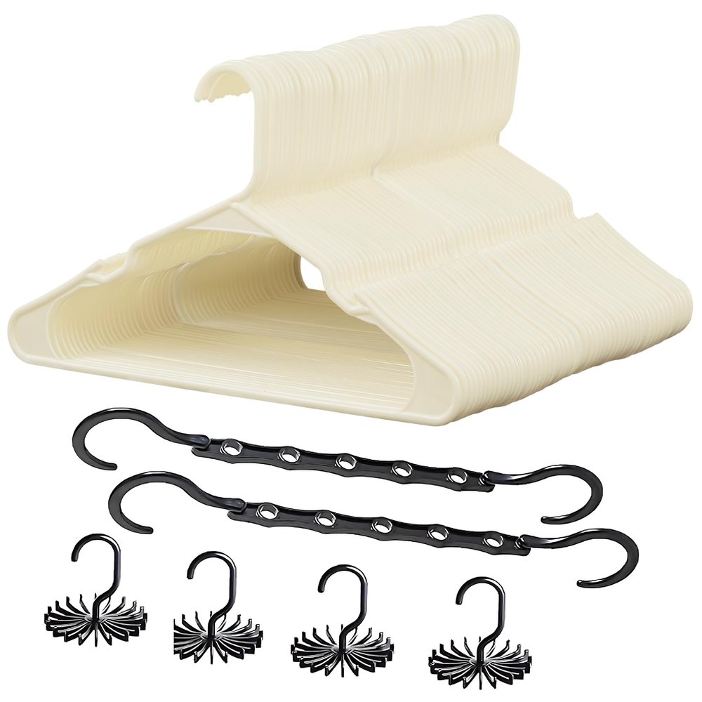 VECELO 100 Pack Plastic Hangers-Clothes Hangers Set with Shoulder Grooves for Closet Space Saving-Heavy Duty Coat Hanger,Beige