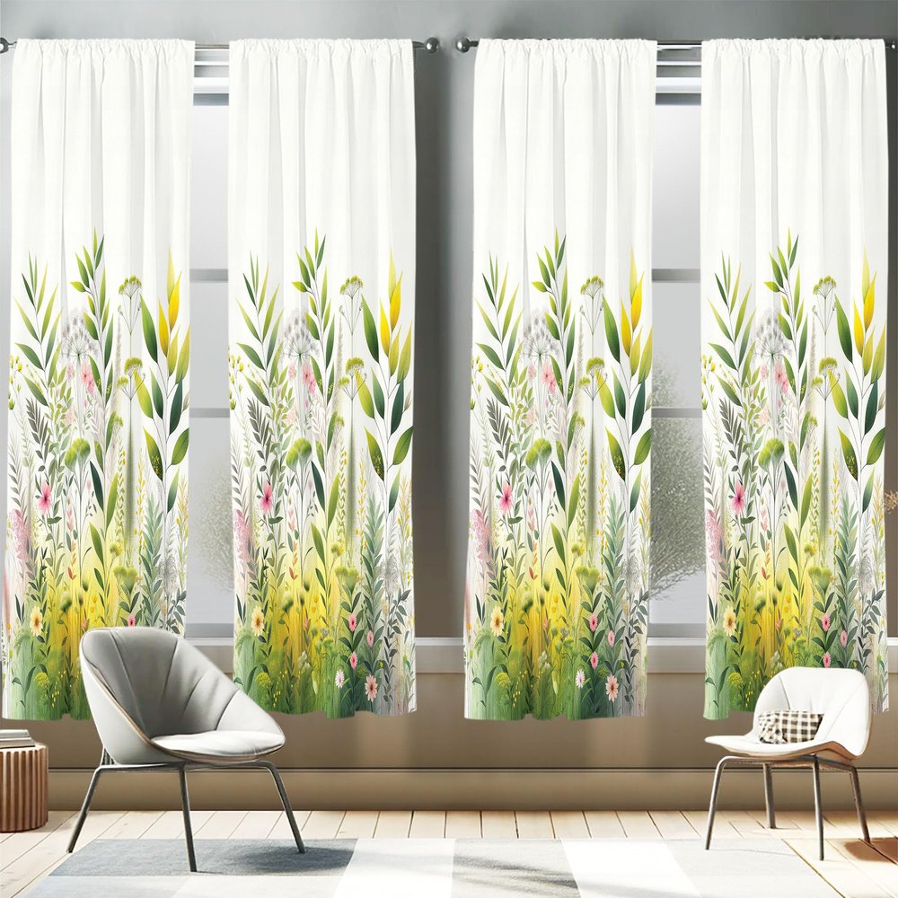 Ambesonne Nature Window Curtains Pack of 2, Dream Garden Scene Leafy Huddle with Blush Tone Flower Details Print Boho, Lightweight Set with Rod Pocket, 4 Panels of - 28" x 63", Fern Green Pink White