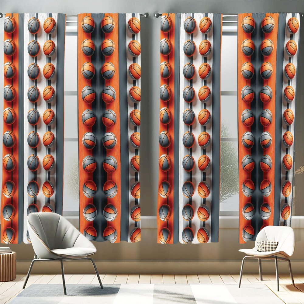 Ambesonne Basketball Window Curtains Pack of 2, Contemporary Abstract Design of Sports Theme Ball Pattern with Stripes, Lightweight Set & Rod Pocket, 4 Panels of - 28" x 84", Vermilion Purpleblue