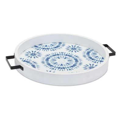 Set of Two Blue Round Solid Wood Vanity Tray with Handles