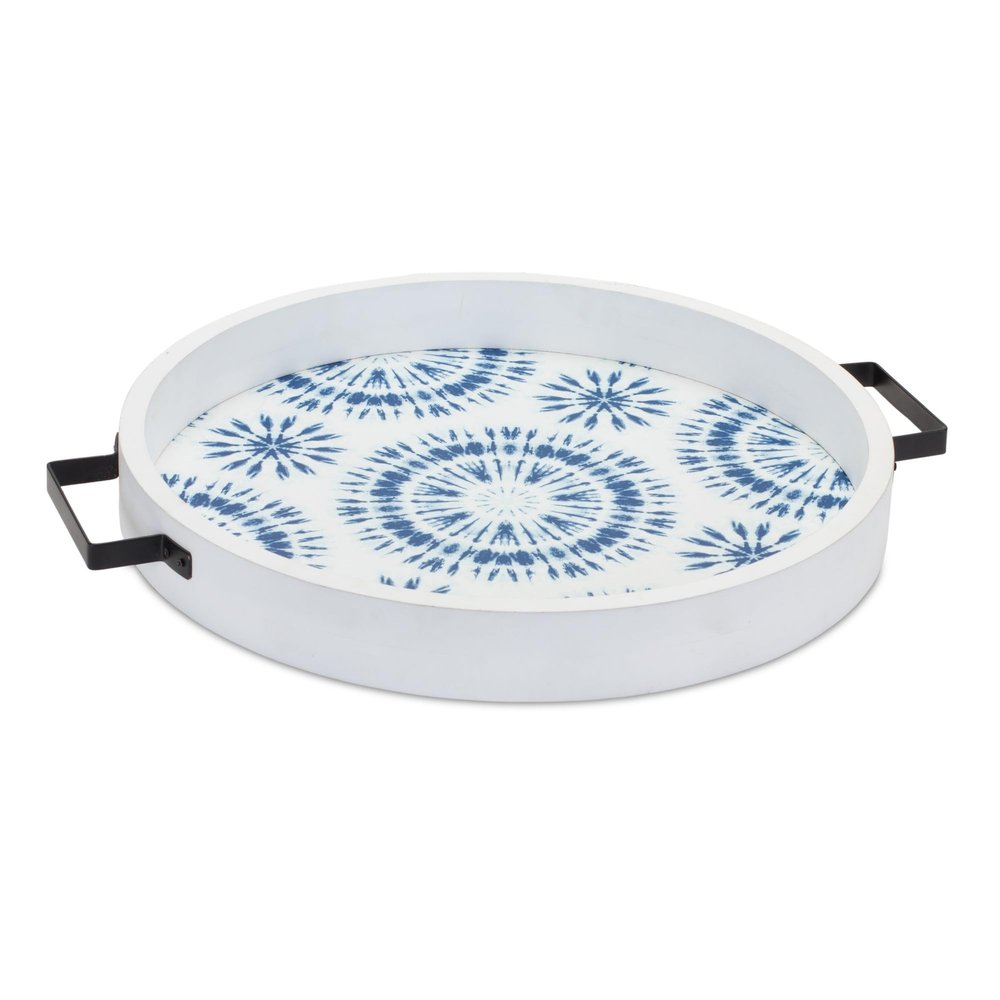 Set of Two Blue Round Solid Wood Vanity Tray with Handles