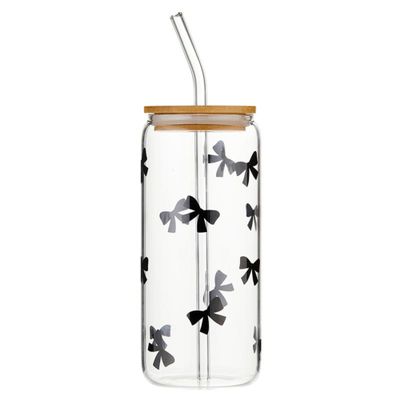 Bella Sleep + Spa Glass Tumbler With Lid and Straw Glass Cup With Bamboo Lid, 20-Ounce, Bows