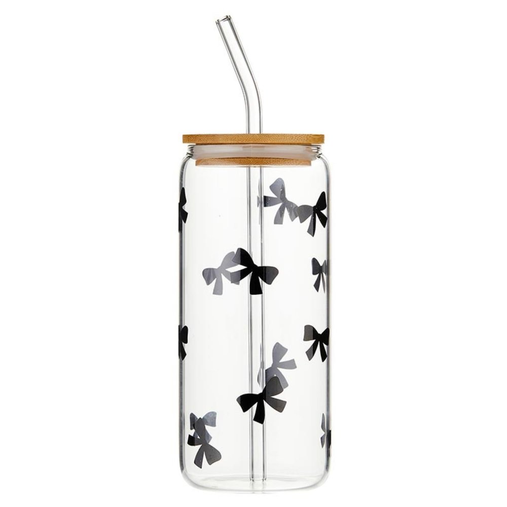 Bella Sleep + Spa Glass Tumbler With Lid and Straw Glass Cup With Bamboo Lid, 20-Ounce, Bows