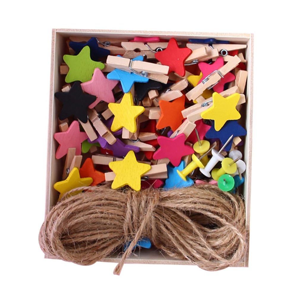 PRETYZOOM 57pcs Wooden Photo Clips Star Shape Photo Box Wall Hanging Easy to Use and Decorate