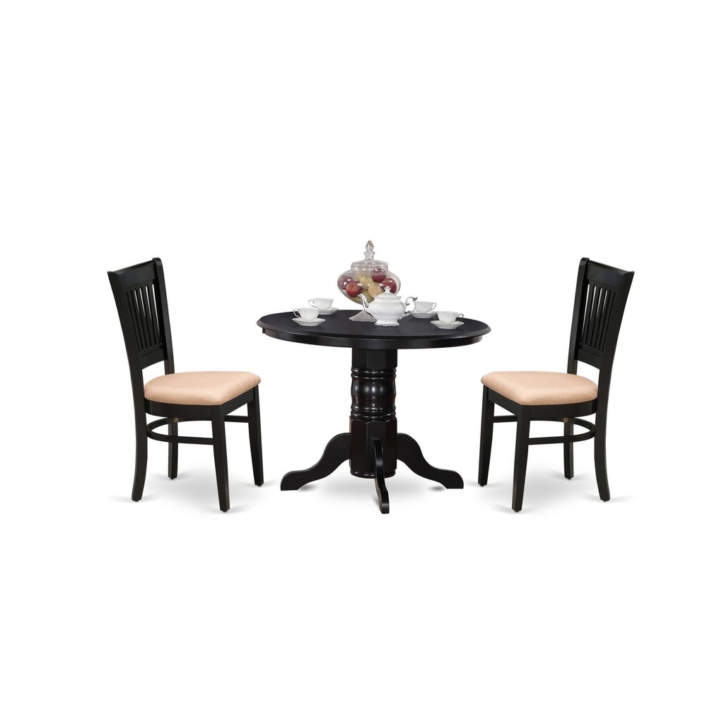 Ergode SHVA3-BLK-C-VV 3-Pc Dining Set - 2 Modern Chairs & 1 Kitchen Table - Linen Fabric Seat - Slatted Chair Back - Black Finish