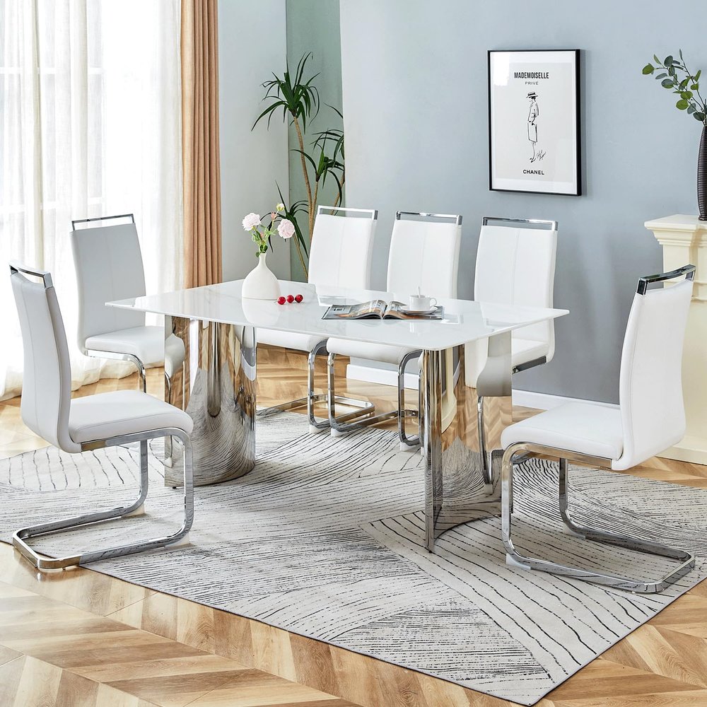 LUFTUT White Dining Table Set for 6,63'' Rectangular Dining Room Table with Silver Stainless Steel Base,Marble Kitchen Table with 6 PU Leather Dining Chairs Ideal for Living Room
