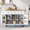 Jintop Multipurpose Kitchen Cart Cabinet with Rubber Wood Drop-Leaf Countertop,Internal Storage Cabinet Racks W/ 5 Wheels & 3 Drawers for Dining Room, Home,Bar,White view 3