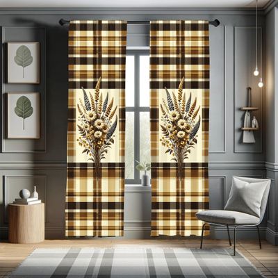 Ambesonne Autumnal Window Curtains, Earthy Fall Tone Leafy Floral Bouquet Illustration with Tartan Plaid Back, Lightweight Decor 2-Panel Set with Rod Pocket, Pair of - 28" x 63", Camel Beige Caramel