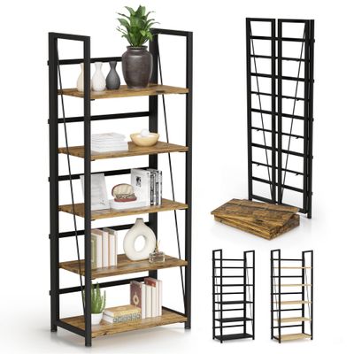 5 Tier Wood Book Shelf Organizer, No Assembly Bookshelf for Bedroom Living Room Office, Rustic Foldable Book Case, Tall Bookshelves, Open Book Shelves, Decorative Folding Shelf Display, Tall Bookcase