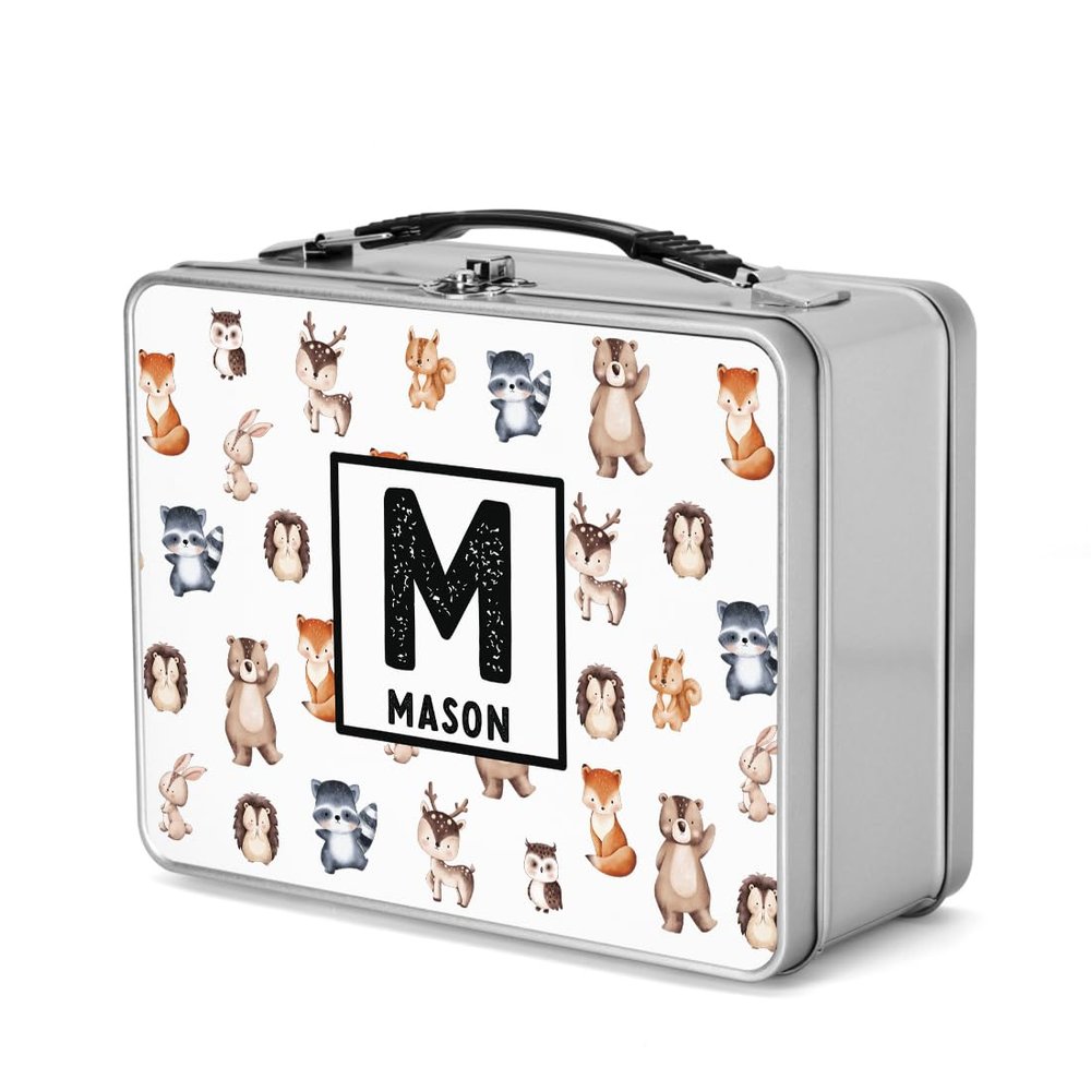 Andaz Press Personalized Stainless Steel Lunch Box, 8.6" x 6.6", Woodland Forest Animals, Easy To Open Retro Lunchbox, BPA Free