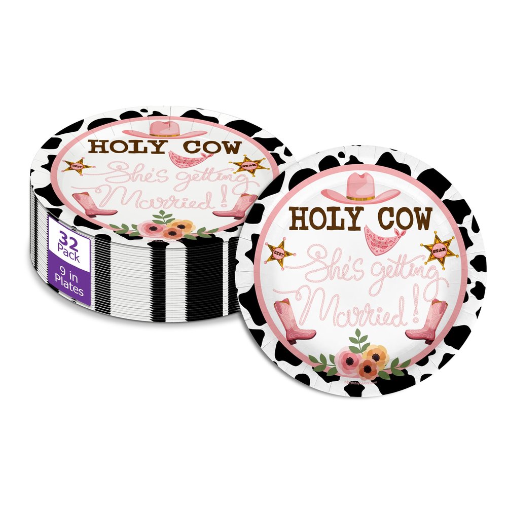 Birthday Galore Holy Cow She's Getting Married Bridal Shower - 32 Piece Disposable Party Supplies - Cowgirl Bridal Shower Decorations - Round Party Plates - Large 9" Paper Plates In Bulk