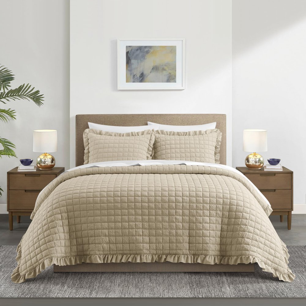 Chic Home Revel Queen Quilt Set 3-Piece Diamond Stitched Lightweight Coverlet with 2 Pillow Shams, Beige