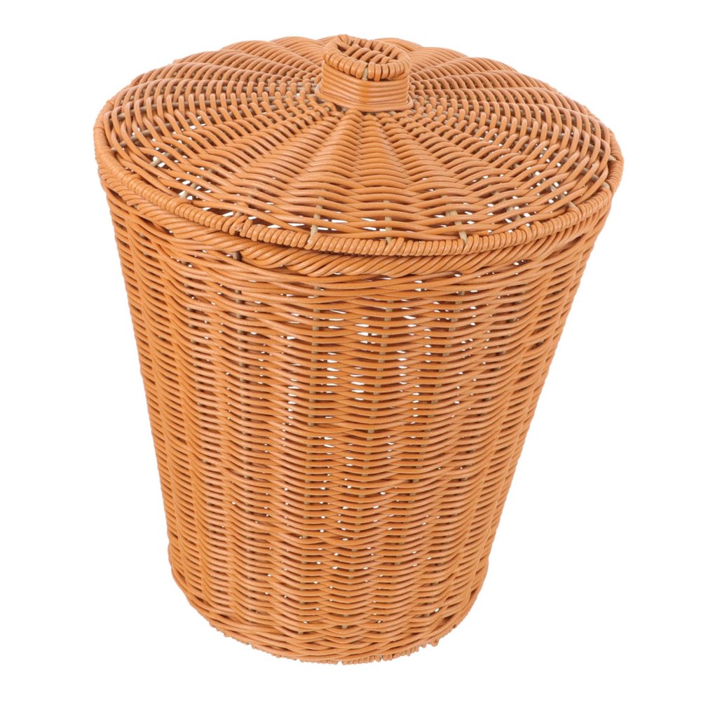 Amosfun Imitation Rattan Round Storage Basket with Lid Versatile Waste Container for Bathroom Living Room and Bedroom Stylish Sundries Holder for Clothes Toys and More