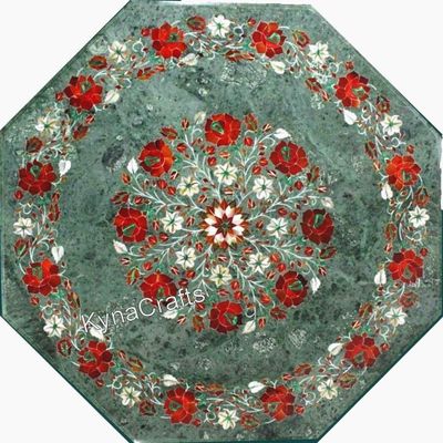 21 x 21 Inches Octagonal Shape Green Marble Coffee Table Top Multi Precious Stone Inlay Work Restaurant Side Table for Hotel