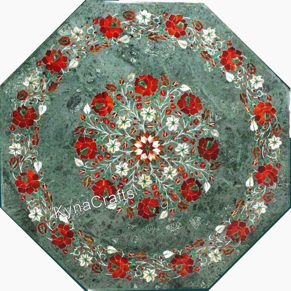 21 x 21 Inches Octagonal Shape Green Marble Coffee Table Top Multi Precious Stone Inlay Work Restaurant Side Table for Hotel