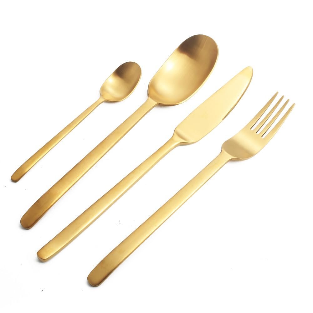 ONUIFIKE Silverware Set, 4/16/24/32 Pieces Matte Tableware Stainless Steel Cutlery Gold Steak Knife, Fork And Spoon Set, Cutlery Flatware Set (Color : Gold, Size : 4Set-16Pcs)